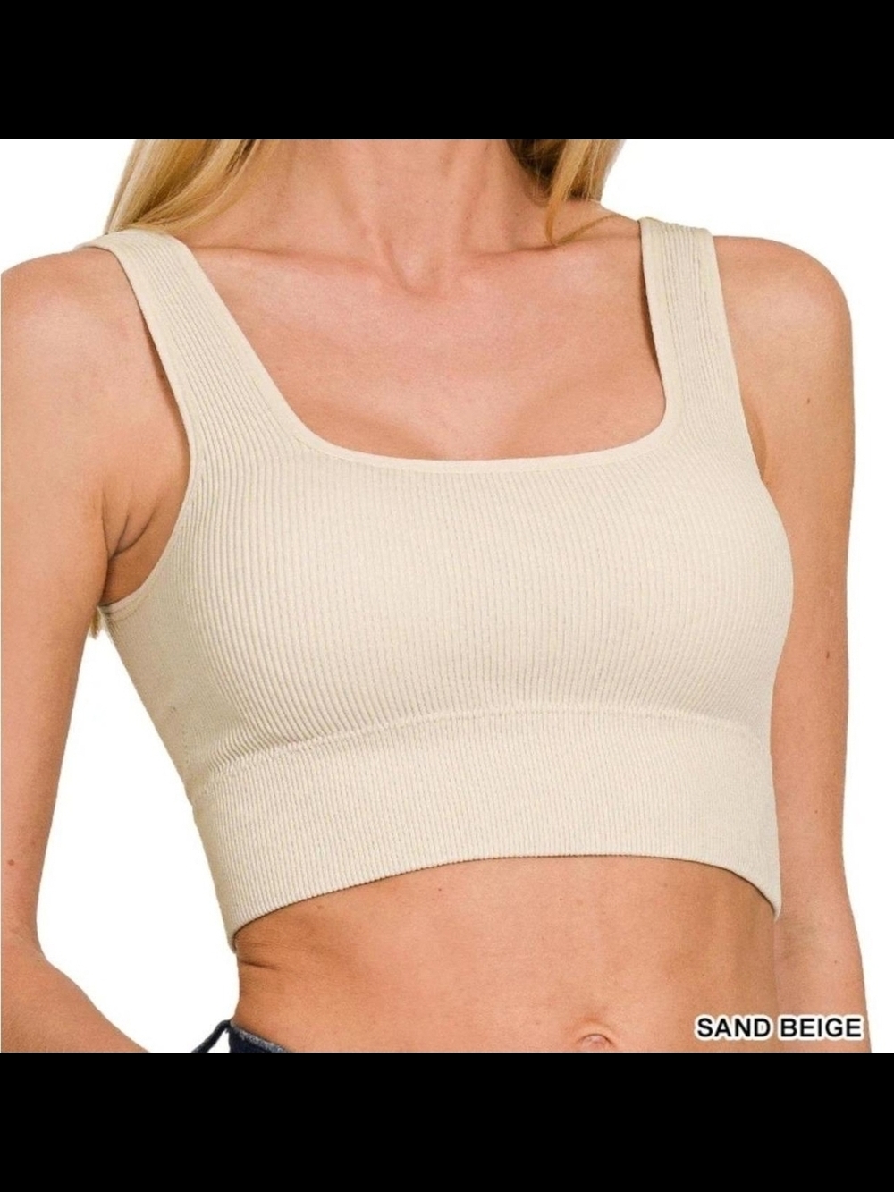 Zenana Ribbed Seamless Padded Crop Brami - S/M - Sand Beige NWT